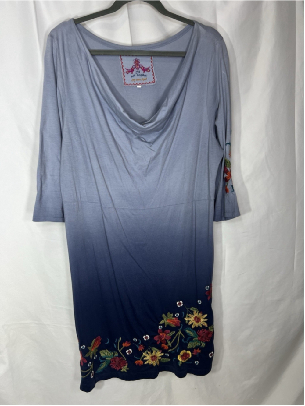 Johnny Was Los Angeles Dress Women’s XL Blue Embroidered Floral Boho Cowl Neck